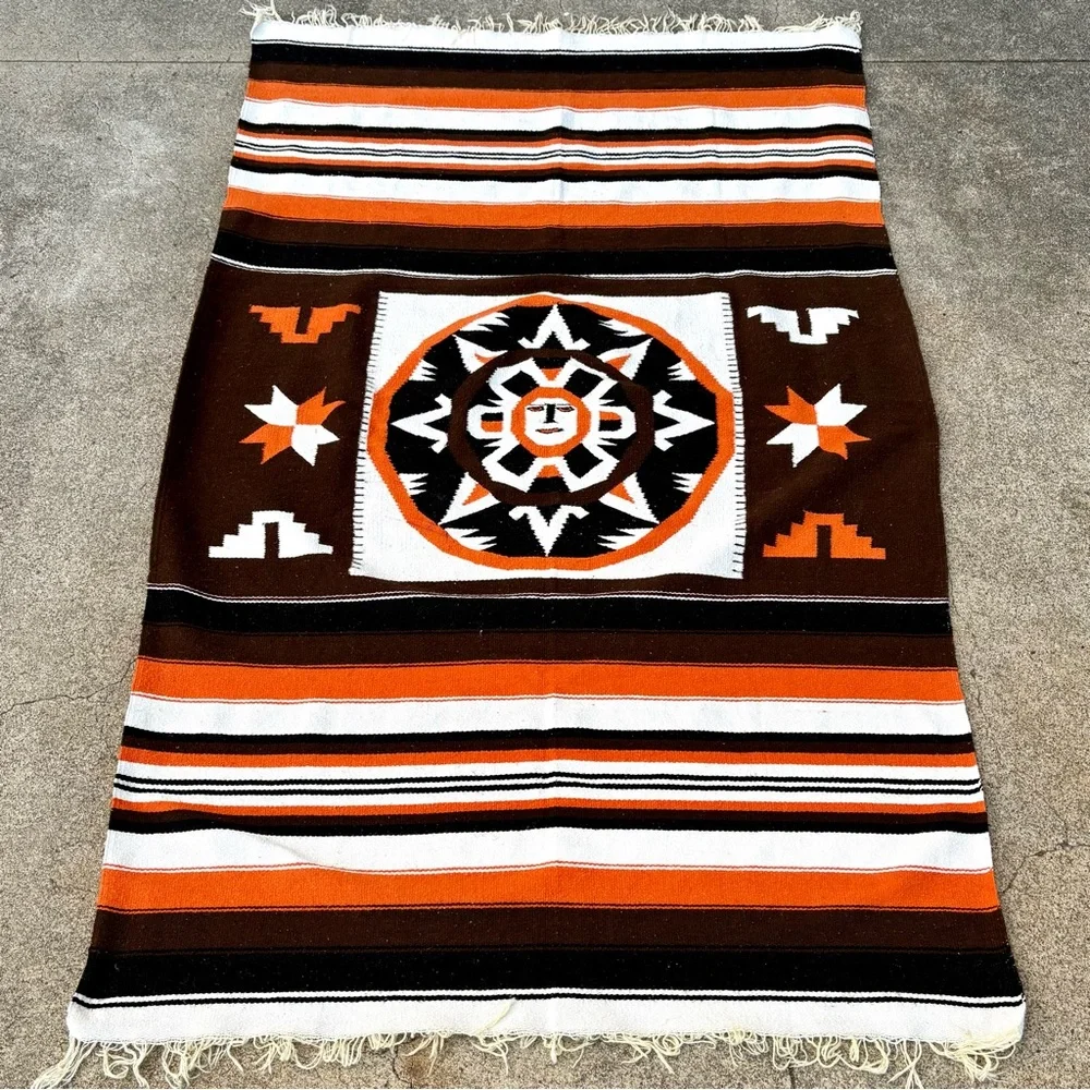 Vintage 70s Brown Orange Wool Woven Sun Aztec Mayan Southwestern Blanket Rug